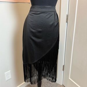 Black Asymmetrical Wrap Fringe Midi Skirt